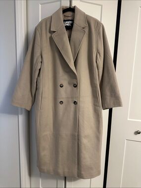 Lands End Womens Double-Breasted Long Taupe Coat, 18W, NWT